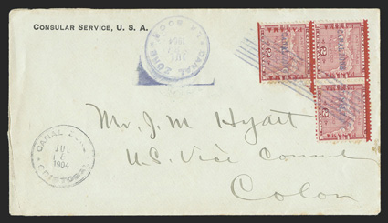 1 var., 2c Rose, with Panama 16mm long, block of three, the bottom stamp being the variety with natural straight edge at bottom, tied by magenta La Boca July 3, 1904 postmark
on cover to Colon, with Consular Service, U.S.A. corner card, ad