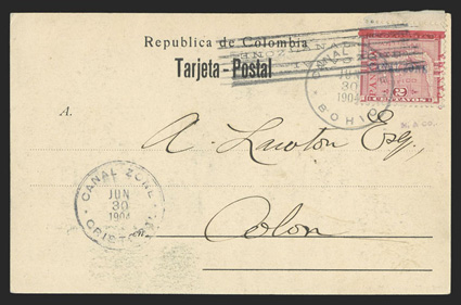 1 var., 2c Rose, 14.9mm overprint, top sheet-margin single (position 4) tied to picture postcard by June 30, 1904 Bohio postmark, with additional Cristobal c.d.s., addressed to
Colon, stamp is well centered, very fine a scarce usage paying the