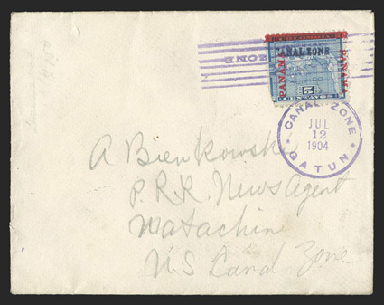 2, 5c Blue, single with defective bottom left corner tied by magenta Gatun July 12, 1904 duplex postmark on cover to Matachin (backstamp), cover with minor edge faults, fine
one of only two Five Cent covers from Gatun signed Colman (CZ