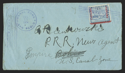 2, 5c Blue, nicely centered single tied by magenta San Pablo July 11, 1904 postmark on cover to Bohio (which was crossed out in pencil and ms. Empire added), cover with some
trivial wear and a tiny bit of the backflap missing, fine one