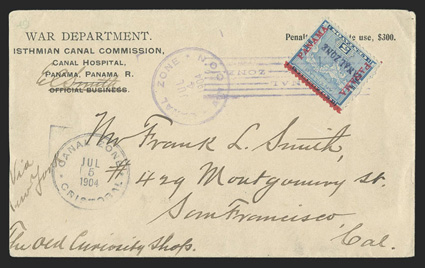 2, 5c Blue, fresh and well centered single tied by magenta Ancon July 4, 1904 postmark on cover to San Francisco, War Dept. corner card with Official Business crossed out,
Cristobal c.d.s., New York Paid All and San Francisco receiver, fai