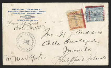 2, 3, 5c Blue and 10c Yellow, single of each tied by Cristobal July 13, 1904 postmark on cover to the Philippine Islands, Treasury Dept. corner card with Official Business
crossed out, New York and San Francisco transit backstamps, Manila