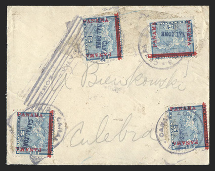 2 var., 5c Blue, with partial double Canal Zone, stamp with full overprint and a second CANAL Z at right, tied along with three other normal stamps by Canal Zone E.M.T. July 1,
1904 postmarks on cover to Culebra (July 1 backstamp), there is