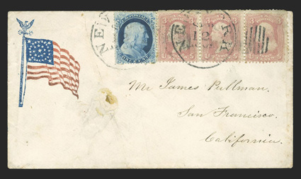 22, 1c Blue, Ty. IIIa, Plate 11, tied along with horizontal strip of three 3c Rose pink (64b), small faults from placement at cover edge not noted on the certificate, by New
YorkSep 12, 1861 datestamp to waving flag patriotic cover to Sa