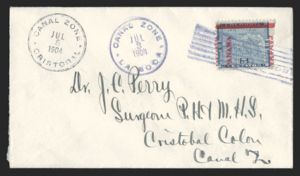 2 var., without Canal Zone overprint, single stamp tied by magenta La Boca July 3 1904 postmark on cover to Colon, with July 5 Cristobal receiver, fine addressed to the agent
of J.C. Perry, who was responsible for finding many of the first is
