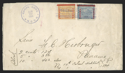 2 var., 5c Blue, with colon after right Panama, tied along with 10c Yellow (3) by magenta Ancon Jun 29, 1904 postmark on large part of cover to Panama (backstamp), the cover
with some fault, however the stamps are sound and fine cataloged as