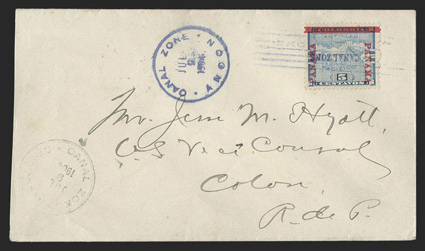2a, 5c Blue, inverted overprint, well centered single tied by magenta Ancon July 9 1904 postmark on cover to Colon (waving flag backstamp), Cristobal c.d.s., cover just barely
reduced at left, very fine and choice signed J.C. Perry (CZSG 2a).