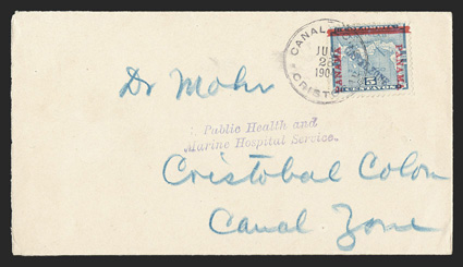 2d, 5c Blue, Canal Zone diagonal, reading down to right, tied by Cristobal Jun 28, 1904 c.d.s. on local cover, fresh and fine scant few covers of this variety exist signed
Colman cataloged as a used stamp (CZSG 2d).