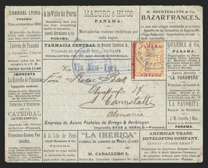 3, 10c Yellow, tied by Cristobal Jul 8 1904 c.d.s on a spectacular all-over (front and back) advertising cover, incorporating many different advertisements on one cover (33
different advertisements on the reverse), sent to Germany (backstamp