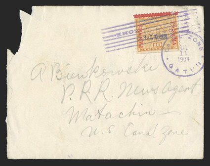 3, 10c Yellow, single with natural straight edge at bottom tied by magenta Gatun duplex postmark on cover to Matachin (backstamp), cover opened at left with piece out at top
left, fine one of only two recorded Ten Cent covers from Gatun<
