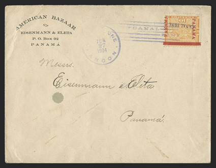 3 var., 10c Yellow, Panama 2¼mm below bar, tied by magenta Ancon June 27, 1904 postmark on cover to Panama (backstamp), with American Bazaar corner card, stamps is bright and
fresh, fine 1977 APS certificate cataloged as a used stamp (CZSG 