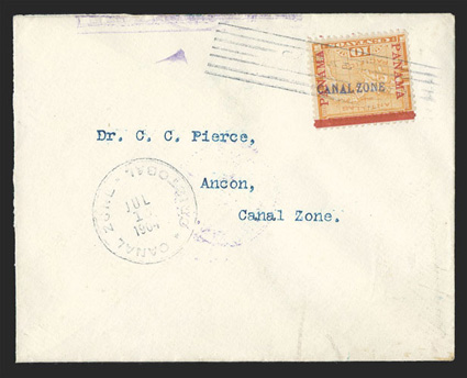 3a, 10c Yellow, inverted Canal Zone overprint, bright single tied by Cristobal July 10, 1904 postmark on cover to Ancon (backstamp), fresh and fine an especially elusive error
on cover signed Colman (CZSG 3a).