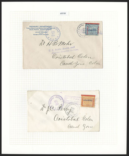 2, 3, 5c Blue, 10c Orange, town postal history group of sixteen covers, consisting of one of each value from the following towns: Ancon, Bohio, Cristobal, Culebra, Empire,
Gorgona, La Boca and Matachin, all domestic usages, a few cover faults, b