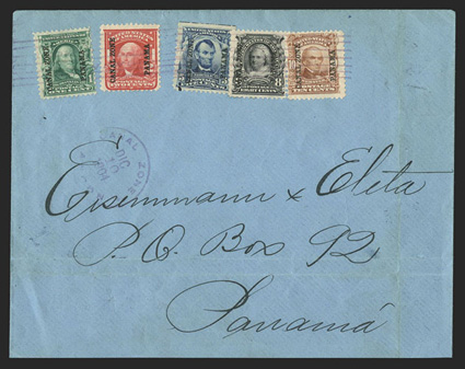4-8, 1c-10c 1904 Overprints cplt., all tied by light magenta Ancon Dec 10, 1904 seven-bar cancel on cover to Panama, with backstamp receiver of Dec 12, a couple file folds not
affecting stamps or markings, fine this series was removed from sale