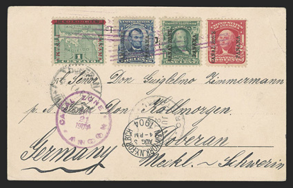 4-6, 1c-5c Second issue, singles of each along with Panama 1c Green (76b) tied by magenta Ancon Jul 21, 1904 seven-bar cancels on picture postcard to Germany, Cristobal
transit, New York Foreign Branch c.d.s. and German receiver, card with