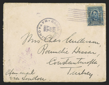 6, 5c Blue, single with natural straight edge and guide line at left tied by Matachin November 30, 1904 postmark on cover to Constantinople, Turkey, with ms. Open mail via
Soudan, New York transit and British Post Office in Constantinople