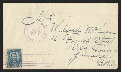 6, 5c Blue, tied by magenta Ancon Nov 24, 1904 postmark on cover to Jamaica, Colon transit, Spanish Town and Kingston receiver backstamps, cover with tear at top not affecting
adhesives or markings, fine (CZSG 6).