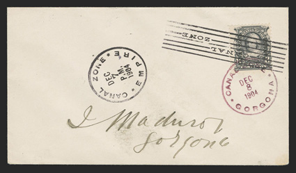 7-8, 8c Violet black, 10c Red brown, matching pair of covers, each tied by Empire Dec 7, 1904 seven-bar cancel on cover to Gorgona, both also with magenta Gorgona receiver of
Dec 8, 10c cover with a couple trivial backflap tears, very fine duo (