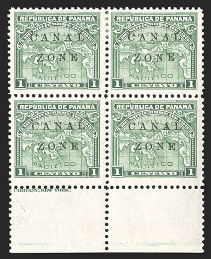 9 var., 1c Green, with dropped ON of Zone, variety being the top right stamp (position 87 on the sheet) in a bottom sheet-margin block of four with partial imprint, bright and
fresh, clean o.g., top stamps with small h.r., fine-very fine (CZ