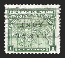 9c, 1c Green, inverted Canal Zone overprint, lightly cancelled, trivial crease at top left, fine one of the most important error rarities of this issue, as there are only six
recorded copies unlike other errors of the period, this one we