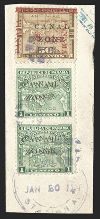 9d, 1c Green, Canal Zone double, vertical pair tied to piece along with 50c Bister brown (14) by Jan. 20, 1906 Ancon postmark, fine only twenty examples of this error have been
recorded, and this is the unique used multiple 1967 PF cert