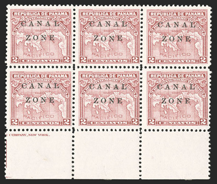 10 var., 10c Rose, dropped ON on Zone, variety being the top middle stamp (position 87 on the sheet) in a bottom margin partial imprint block of six, bright color, fresh o.g.,
variety with a slight thin, otherwise fine a scarce and underval