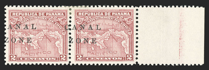 10 var., 10c Rose, Anal Zone error, right sheet-margin horizontal pair, the right stamp being the error, while the left stamp shows a split overprint, strong color, o.g., minor
h.r., very fine only ten examples of this error exist (all fr