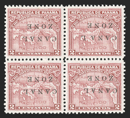 10a, 2c Rose, inverted Canal Zone, mint block of four, well centered, rich color, fresh clean o.g., lightly hinged, very fine an exceedingly scarce and handsome error block
ex-Justi (CZSG 10a).