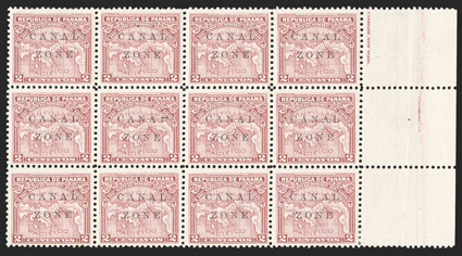 10b, 2c Rose, L of Canal sideways, right sheet-margin block of twelve with partial imprint, the error being the second stamp in the middle row (position 68 on the sheet),
wonderfully bright and fresh, clean o.g., with the error stamp being n