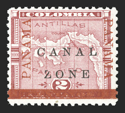 11b, 2c Rose, Panama overprints and bar inverted, showing the additional variety of a broken Z, strong color, fresh o.g., fine only 200 printed (CZSG 11b).