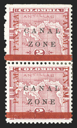 11b, 2c Rose, Panama overprints and bar inverted, vertical pair from the top two rows, natural straight edge at top, nicely centered, fresh color, o.g., h.r., very fine a very
scarce error multiple, as only 200 were printed (CZSG 11b).