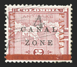 11b, 2c Rose, Panama overprints and bar inverted, seldom seen used example, bright color, lightly cancelled, a few short perfs., otherwise very fine used copies of this error
are far scarcer than mint, despite the same catalog value (CZSG 11
