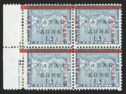 12 var., 5c Blue, Panaam at right, the variety being the bottom left stamp in a left sheet-margin partial imprint block of four (position 41 on the sheet), that position also
displays the spaced AL variety, fresh o.g., some hinge reinforcing