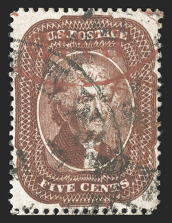 28A, 5c Indian red, Ty. I, an exceedingly handsome used example of this rare stamp, possessing far better centering than what is normally found, sumptuously rich and
unmistakable Indian red color, well incised impression on bright paper, black c