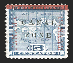 12 var., 5c Blue, Panaam at right, position 41 from the second printing, used, lightly cancelled, trivial corner crease at bottom left, otherwise fine (CZSG
12.13).