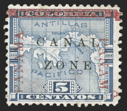 12 var., 5c Blue, raised third A in Panama, and with right Panama 5mm below the bar, unused, violet offset on reverse just shows through in a few places, fine this is the
rarest and most distinctive of all the Panama errors, with only a