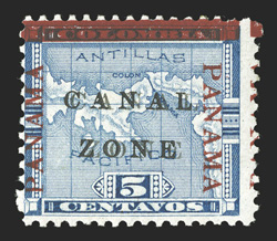 12c, 5c Blue, Canal Zone double, from the fifth printing, two distinct overprints, strong color, o.g., fine only 200 stamps (100 each from the first and fifth printing) exist
with the double overprint (CZSG 12c.Fa).
