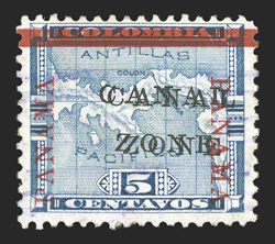 12c, 5c Blue, Canal Zone double, from the first printing, used, rich color, light magenta cancel, slight faults, fine appearance this first used example of this error we have
seen (CZSG 12c.Aa).