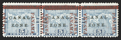 12d, 5c Blue, with Panama double, horizontal strip of three from the fifth printing, the middle stamp with full double PANAMA and the other two stamps normal, rich color, o.g.,
fine-very fine ex-Tows (CZSG 12d.Fa).