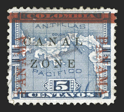 12d, 5c Blue, with Panama double, from the third printing, two distinct overprints, light cancel, sealed tear at left and a few short perfs., very fine centering only 120
printed 1975 APS certificate (CZSG 12d.C).