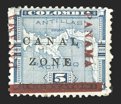 12e, 5c Blue, with inverted Panama and bar at bottom, from the fifth printing, an extraordinary stamp that is believed to be one of only two recorded mint examples of this
error, (the other is in the next lot), o.g., h.r., fine in Canal