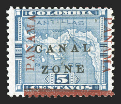 12e, 5c Blue, with inverted Panama and bar at bottom, from the fourth printing, this is the other known mint example of this rare variety, deep colors, tropicalized o.g., fine
this and the above lot are the believed to be the only know mint