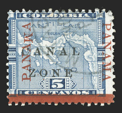 12e var. 5c Blue, with inverted Panama and bar at bottom, this stamp also has the additional error of Panawa at left (position 24),light c.d.s. cancel, fine an incredibly rare
(if not unique) combination of errors cataloged as the nor