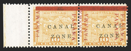 13c, 10c Yellow, Panama double, the error being the right stamp in a left sheet-margin horizontal pair (position 92 on the sheet), the other stamp (position 91) is the left
Panama touches bar variety, bright color, fresh o.g., lightly hinged