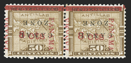 14b, 8c on 50c Bister brown, Canal Zone inverted, horizontal pair, rich color, o.g., a few minor perf. separations, fine a scarce error multiple, with only 200 printed (CZSG
14b).