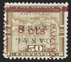 14b var., 8c on 50c Bister brown, Canal Zone inverted and with right Panama 4mm below bar, position 15 on the sheet (Canal Zone overprint position 86) fresh mint single with
deep color, o.g., fine as only two positions on the sheet show t