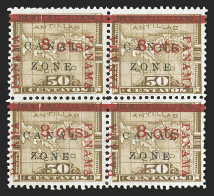 14e, 8 cts on 50c Bister brown, antique Zone, the variety being the bottom left stamp in a block of four (position 48 on the sheet), the bottom two stamps (positions 48-49)
have the large 8, exceptionally fresh, o.g., very fine only ten