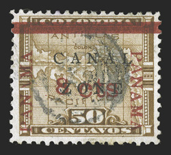14d, 8c on 50c Bister brown, antique Canal Zone, used, well centered, blue target cancel, very fine this is the only recorded used copy of this rare variety, with only a total
of ten believed to have been printed (CZSG 14d).