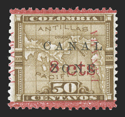 15, 8c on 50c Bistre brown, 13mm. Panama reading up, with bars at top and bottom (from the fifth row), rich color, tropicalized o.g., very fine for this rare stamp (CZSG
15.10).