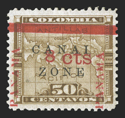 15, 8c on 50c Bistre brown, 13mm. Panama reading up, position 3, with broken L in CANAL, exceptionally well centered and margins, fresh o.g., tiny thin spot, otherwise very
fine (CZSG 15).